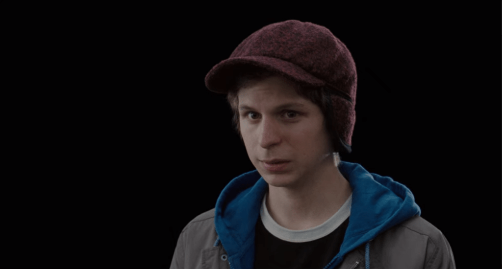 Michael Cera in Scott Pilgrim vs the world looks confused and awkward